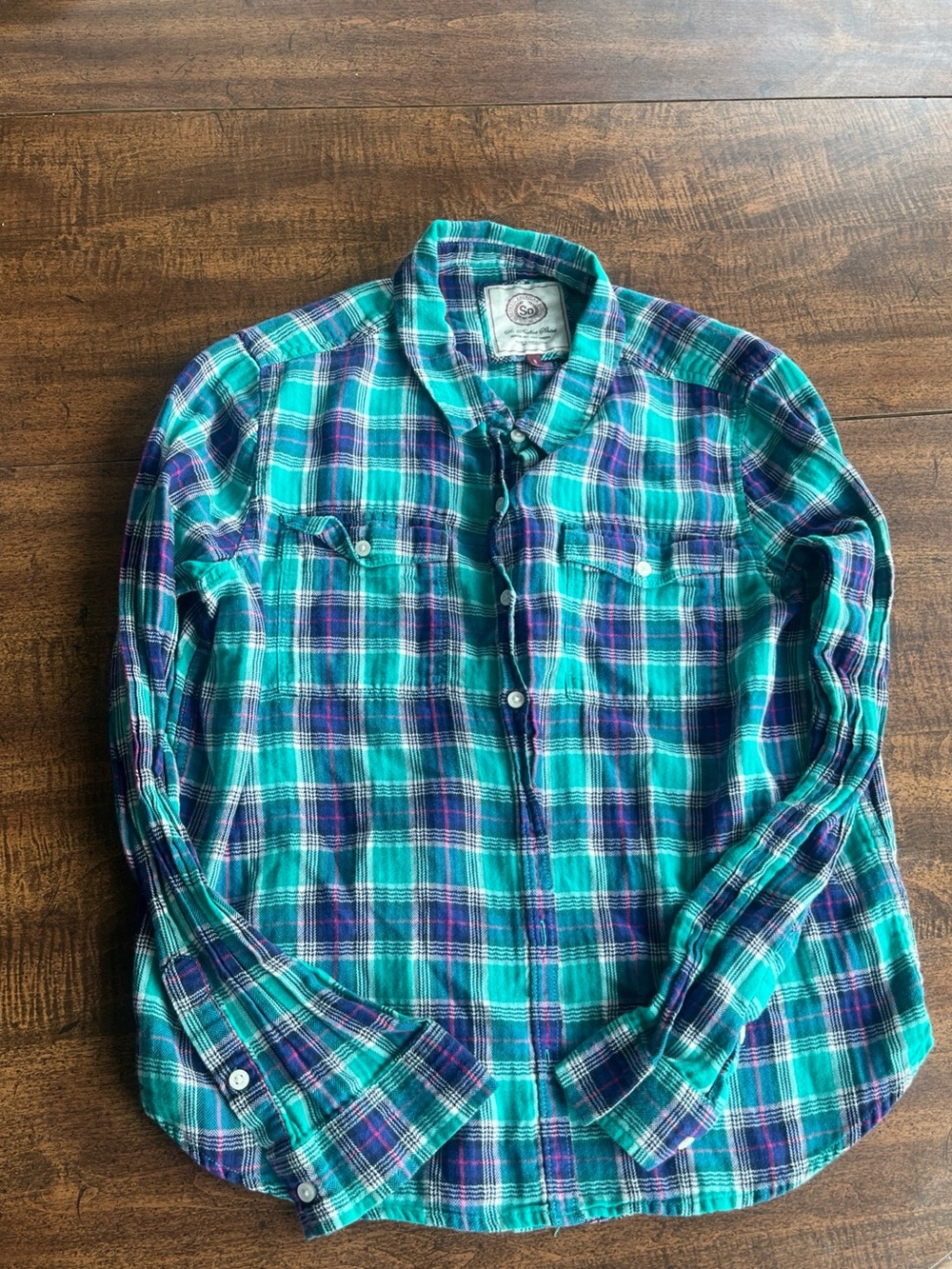 So Perfect Plaid Flannel Shirt Juniors L Blue Green Grunge Cabin Core Cotton